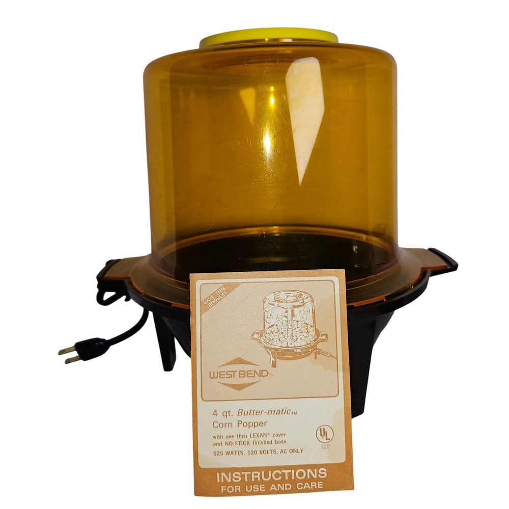 West Bend Butter-matic 4‎ Qt Popcorn Popper Vintage Amber Lexan 25467 MCM 70s